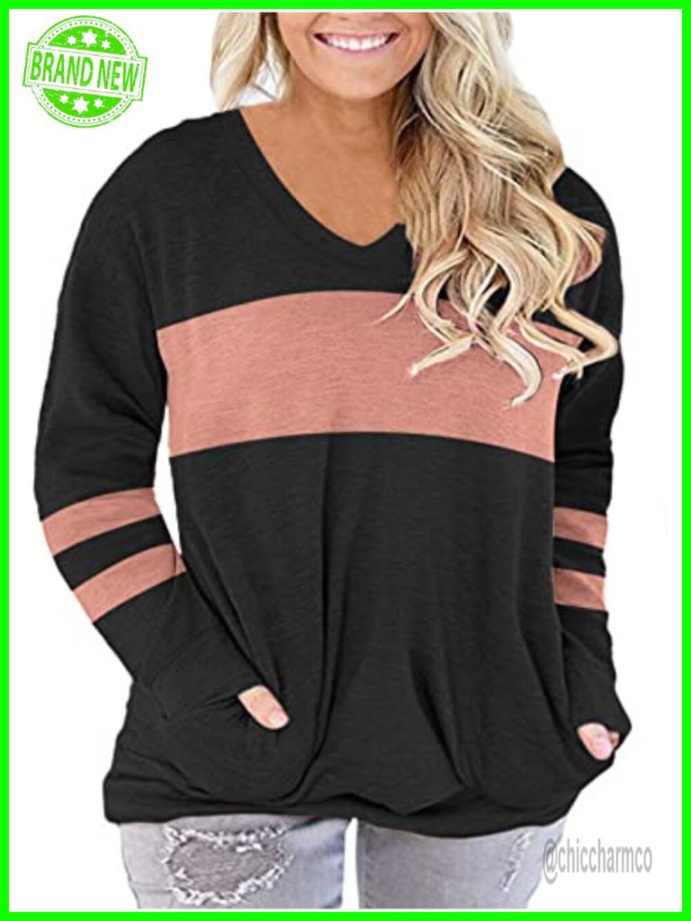Plus Size Long Sleeve V Neck Tunic Tee with Pockets Oversized Fit Women